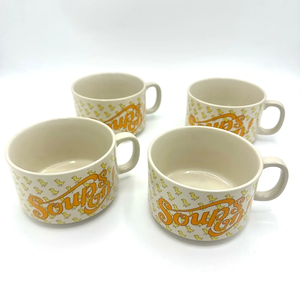 Vintage Kitschy 70s Japanese 'Soups On' Chicken Noodle Soup Mugs Set